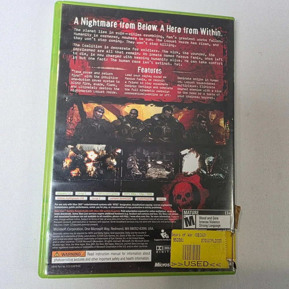 Microsoft‎ Xbox 360 Gears of War One Size Green Tactical Shooter Game 2006